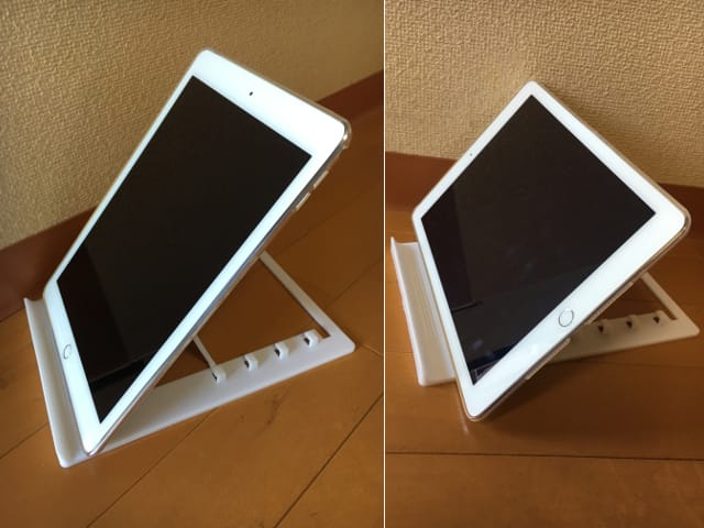 100円ショップのタブレットスタンドに立てたiPad Air 2