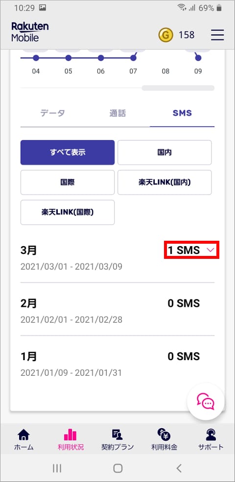 my 楽天モバイル SMS履歴