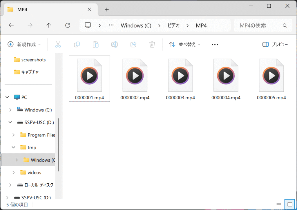 エクスプローラーで表示した.mp4ファイル