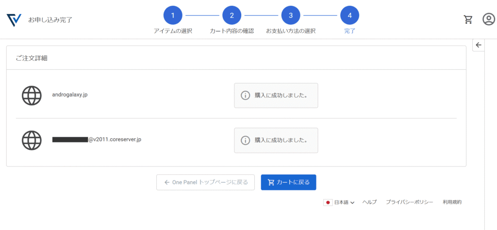 Value Domain お申し込み完了 購入に成功しました。